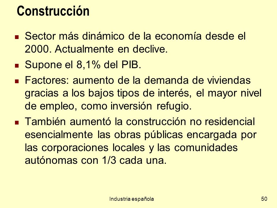 Construcción Sector más dinámico de la economía desde el Actualmente en declive. Supone el 8,1% del PIB.