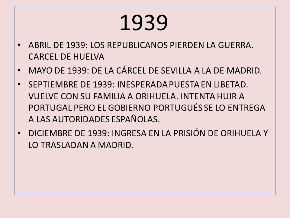 1939 ABRIL DE 1939: LOS REPUBLICANOS PIERDEN LA GUERRA. CARCEL DE HUELVA. MAYO DE 1939: DE LA CÁRCEL DE SEVILLA A LA DE MADRID.