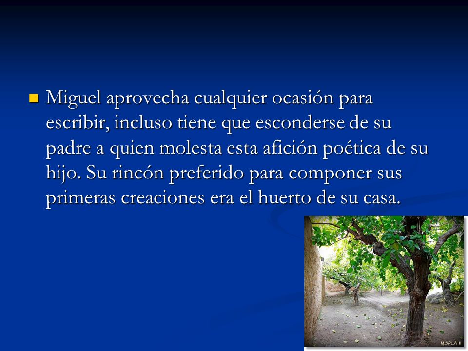 Miguel aprovecha cualquier ocasión para escribir, incluso tiene que esconderse de su padre a quien molesta esta afición poética de su hijo.