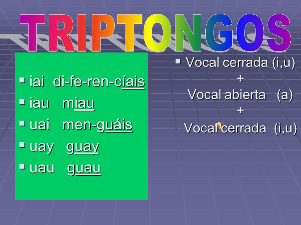 Vocal cerrada (i,u) + Vocal abierta (a) + Vocal cerrada (i,u)
