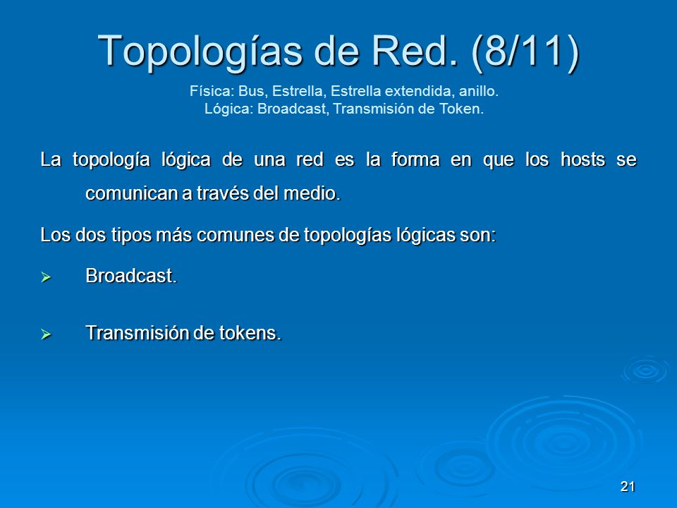 Topologías de Red. (8/11) Física: Bus, Estrella, Estrella extendida, anillo. Lógica: Broadcast, Transmisión de Token.