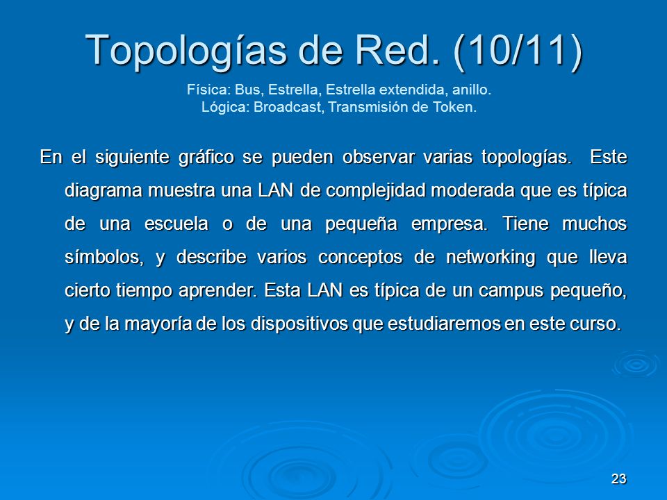 Topologías de Red. (10/11) Física: Bus, Estrella, Estrella extendida, anillo. Lógica: Broadcast, Transmisión de Token.