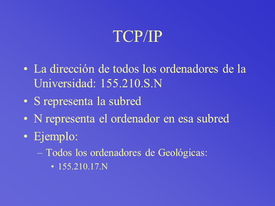 TCP/IP La dirección de todos los ordenadores de la Universidad: S.N. S representa la subred.