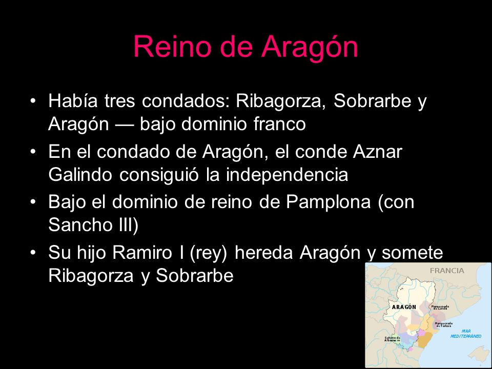 Reino de Aragón Había tres condados: Ribagorza, Sobrarbe y Aragón — bajo dominio franco.