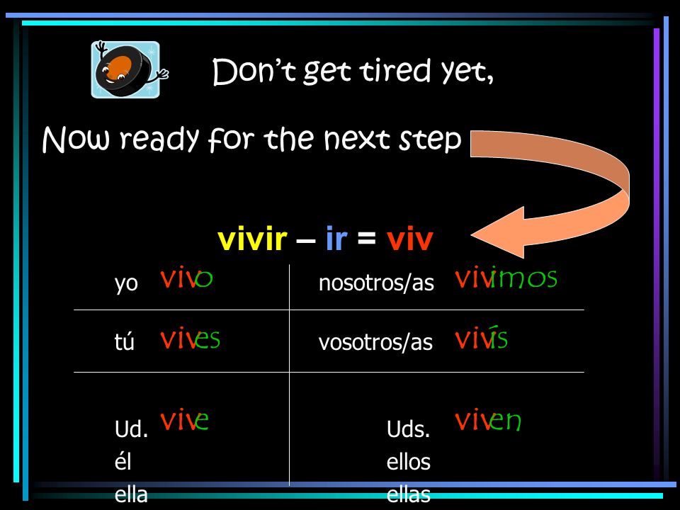 vivir – ir = viv viv o es e viv imos ís en Don’t get tired yet,