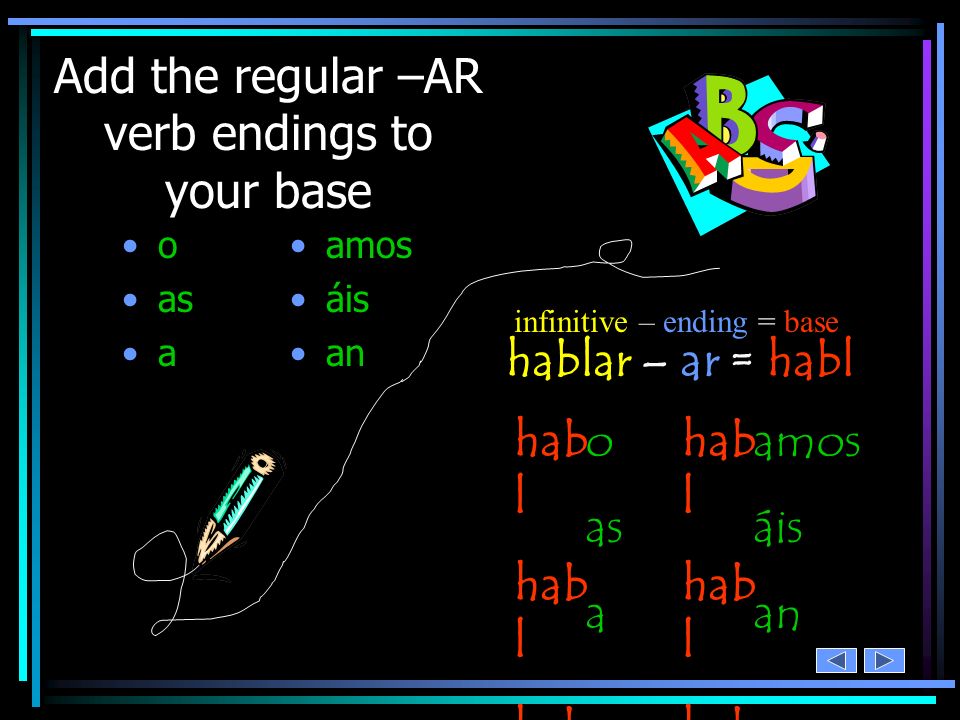 Add the regular –AR verb endings to your base