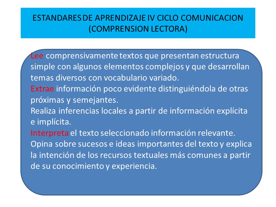 ESTANDARES DE APRENDIZAJE IV CICLO COMUNICACION (COMPRENSION LECTORA)