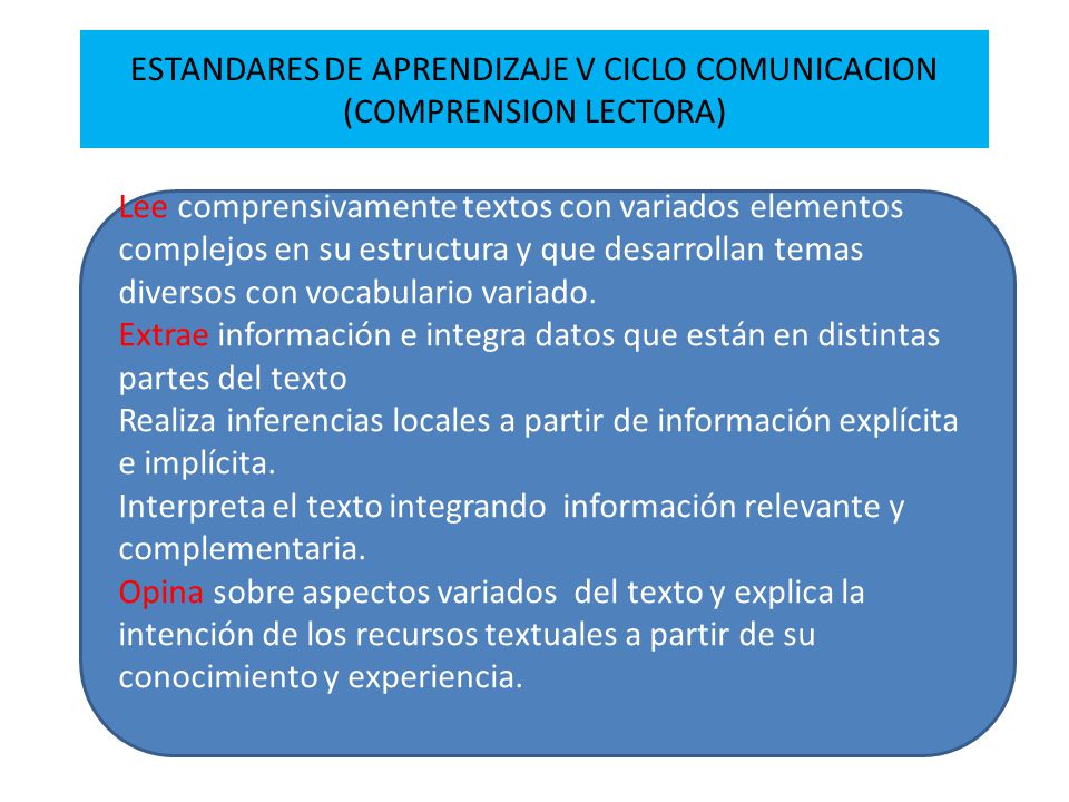 ESTANDARES DE APRENDIZAJE V CICLO COMUNICACION (COMPRENSION LECTORA)