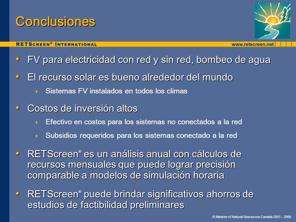 Conclusiones FV para electricidad con red y sin red, bombeo de agua