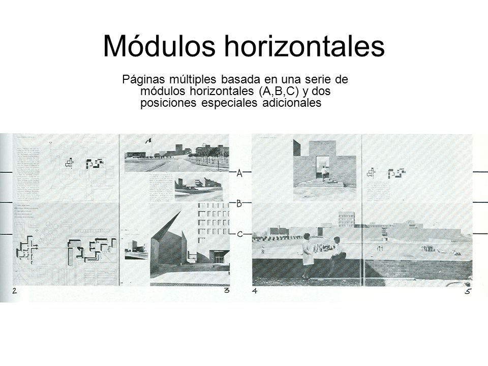 Módulos horizontales Páginas múltiples basada en una serie de módulos horizontales (A,B,C) y dos posiciones especiales adicionales.