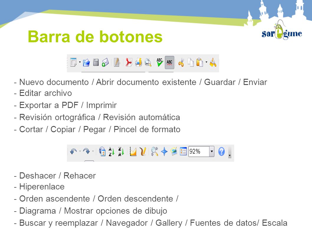 Barra de botones - Nuevo documento / Abrir documento existente / Guardar / Enviar. - Editar archivo.