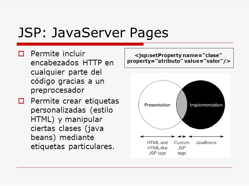 JSP: JavaServer Pages Permite incluir encabezados HTTP en cualquier parte del código gracias a un preprocesador.
