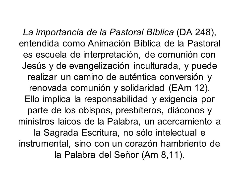 La importancia de la Pastoral Bíblica (DA 248), entendida como Animación Bíblica de la Pastoral es escuela de interpretación, de comunión con Jesús y de evangelización inculturada, y puede realizar un camino de auténtica conversión y renovada comunión y solidaridad (EAm 12).
