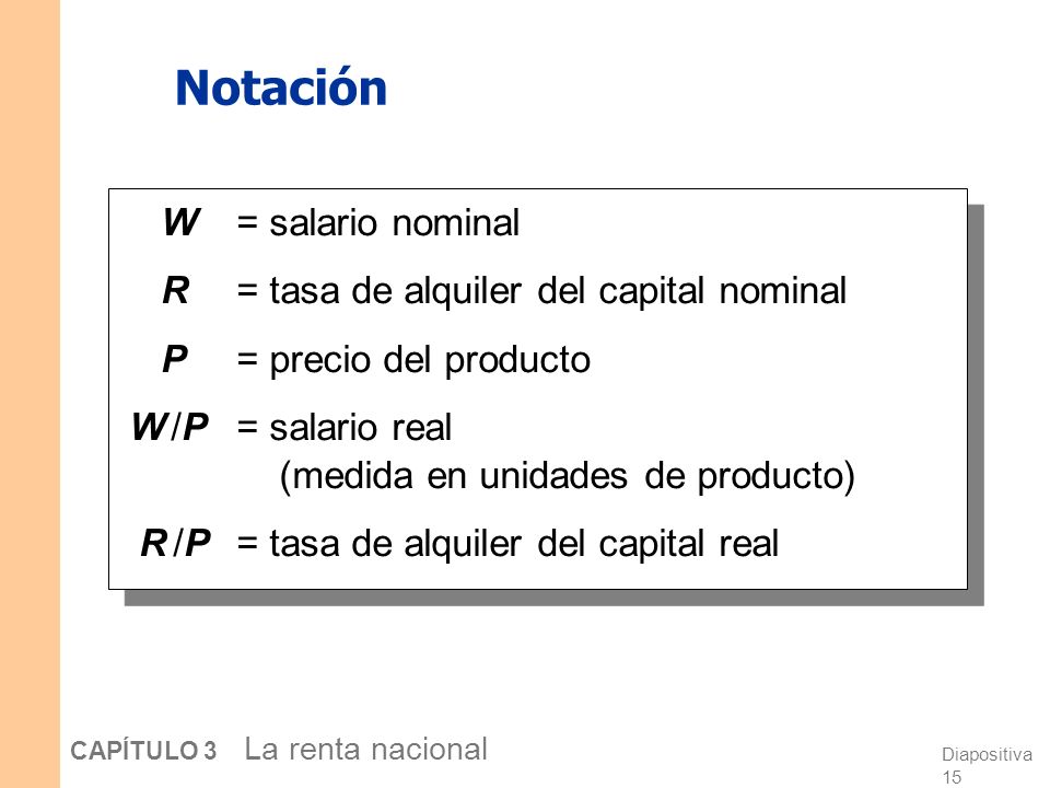 Notación W = salario nominal R = tasa de alquiler del capital nominal