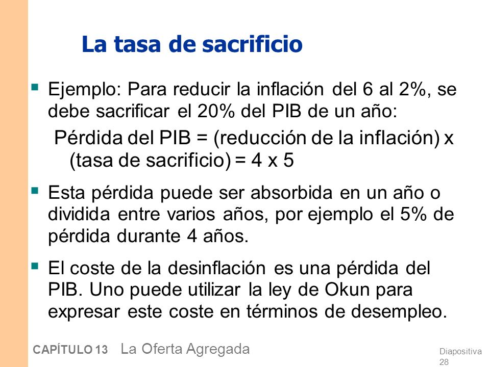 La tasa de sacrificio Ejemplo: Para reducir la inflación del 6 al 2%, se debe sacrificar el 20% del PIB de un año: