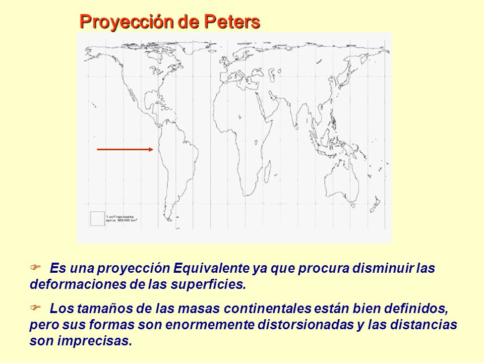 Proyección de Peters Es una proyección Equivalente ya que procura disminuir las deformaciones de las superficies.