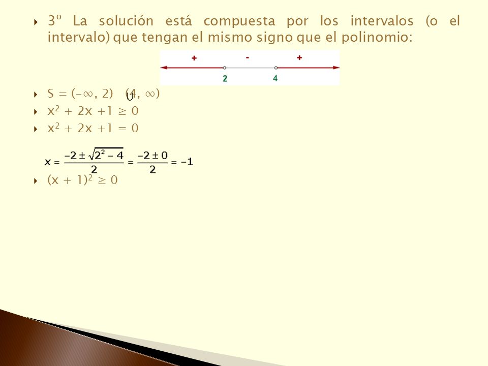 3º La solución está compuesta por los intervalos (o el intervalo) que tengan el mismo signo que el polinomio: