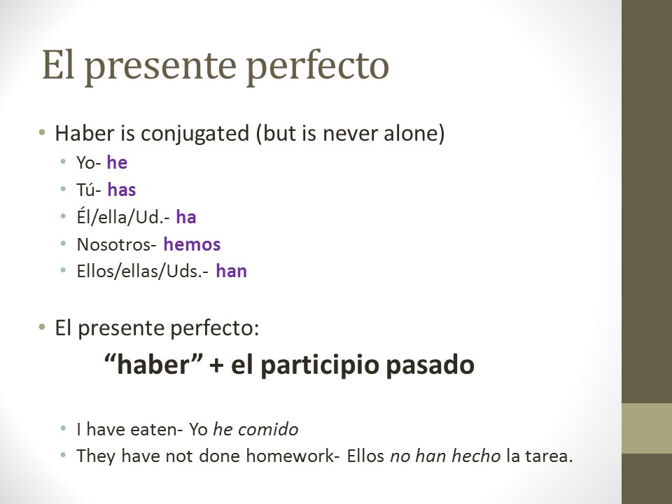 El presente perfecto Haber is conjugated (but is never alone)