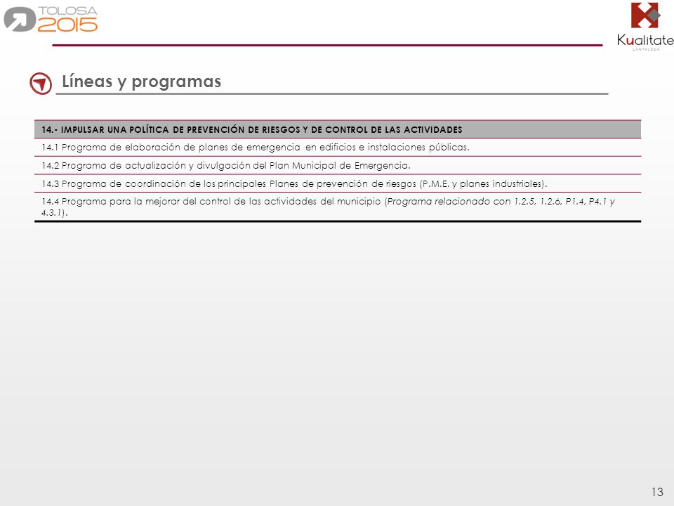 Líneas y programas 14.- IMPULSAR UNA POLÍTICA DE PREVENCIÓN DE RIESGOS Y DE CONTROL DE LAS ACTIVIDADES.