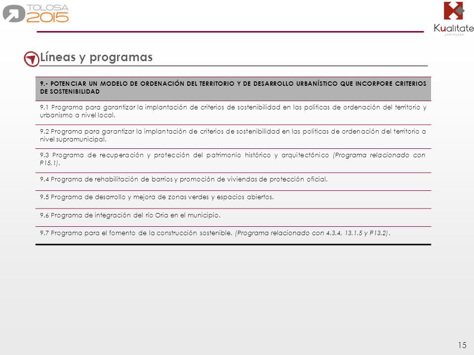 Líneas y programas 9.- POTENCIAR UN MODELO DE ORDENACIÓN DEL TERRITORIO Y DE DESARROLLO URBANÍSTICO QUE INCORPORE CRITERIOS DE SOSTENIBILIDAD.