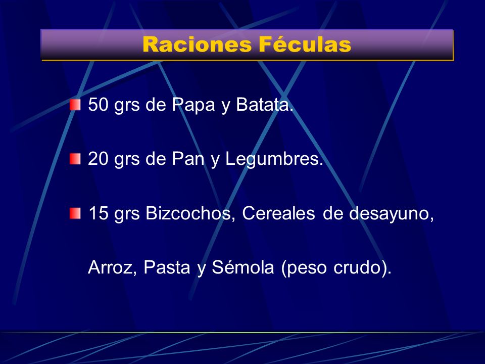 Raciones Féculas 50 grs de Papa y Batata. 20 grs de Pan y Legumbres.