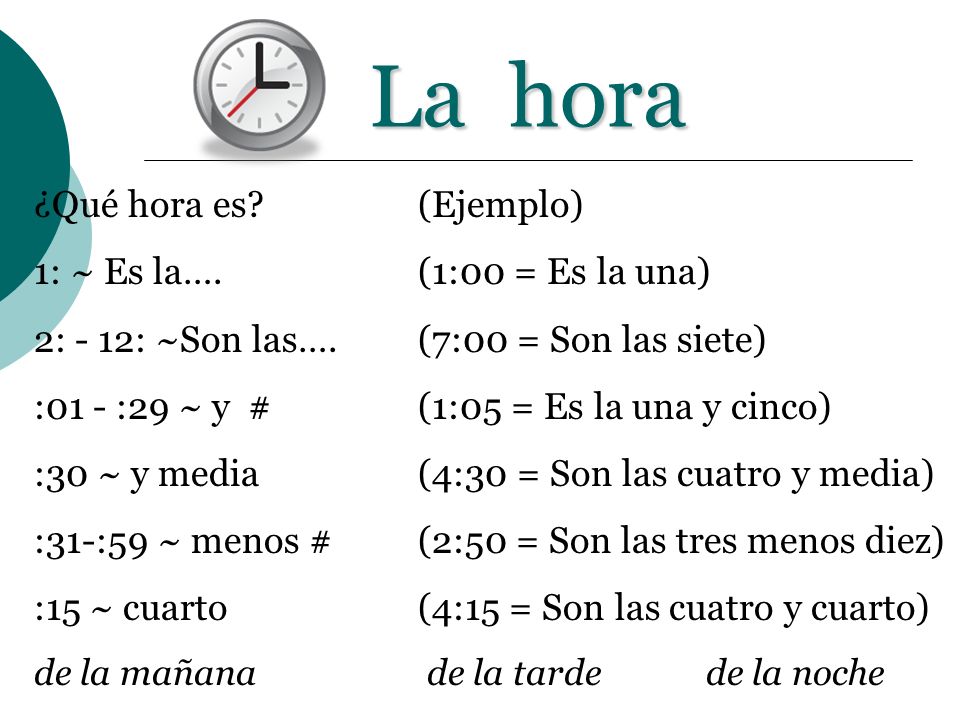 La hora ¿Qué hora es (Ejemplo) 1: ~ Es la…. (1:00 = Es la una)