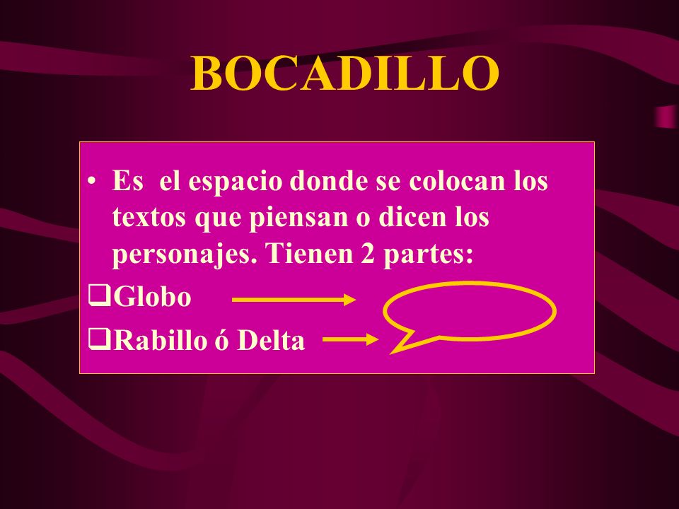 BOCADILLO Es el espacio donde se colocan los textos que piensan o dicen los personajes. Tienen 2 partes:
