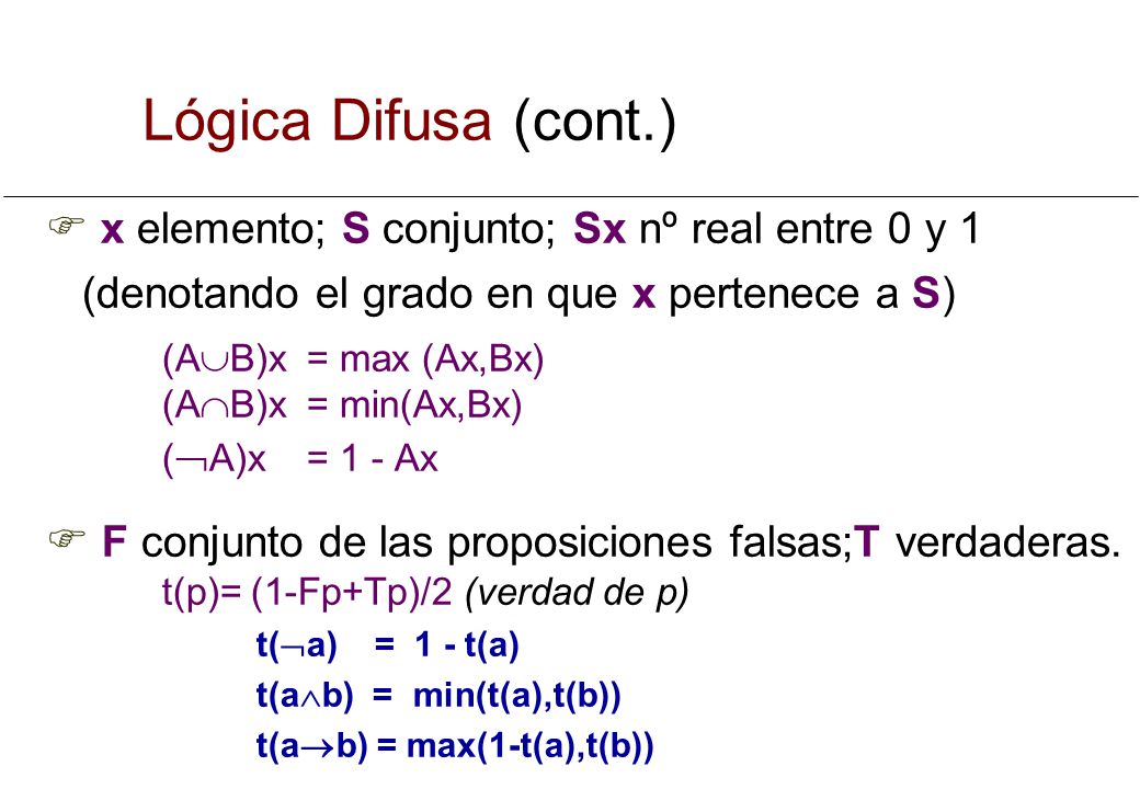 04/19/00 Lógica Difusa (cont.) x elemento; S conjunto; Sx nº real entre 0 y 1. (denotando el grado en que x pertenece a S)