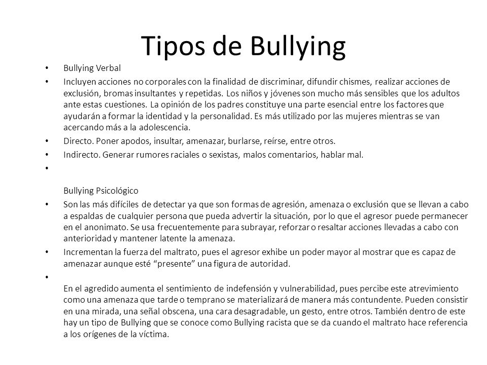Tipos de Bullying Bullying Verbal