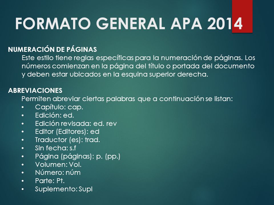FORMATO GENERAL APA 2014 NUMERACIÓN DE PÁGINAS