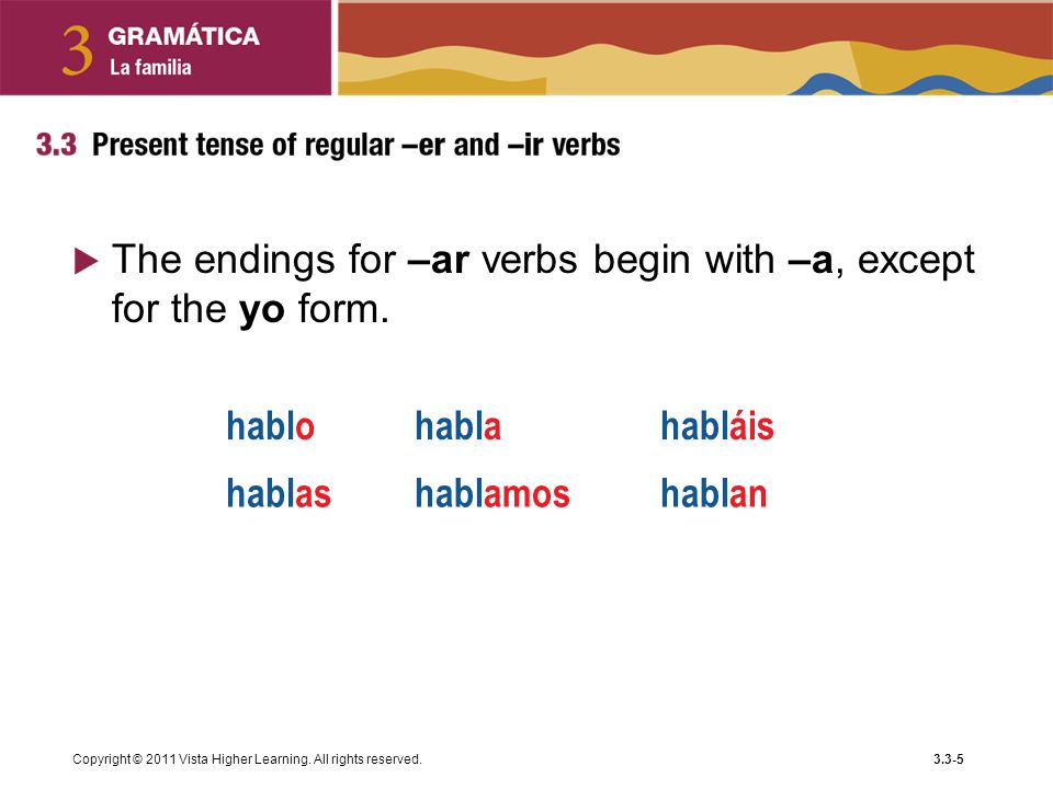 The endings for –ar verbs begin with –a, except for the yo form. hablo