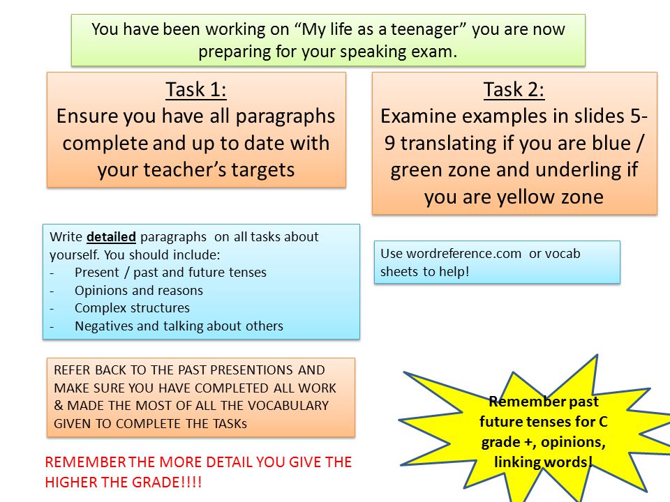 Remember past future tenses for C grade +, opinions, linking words!