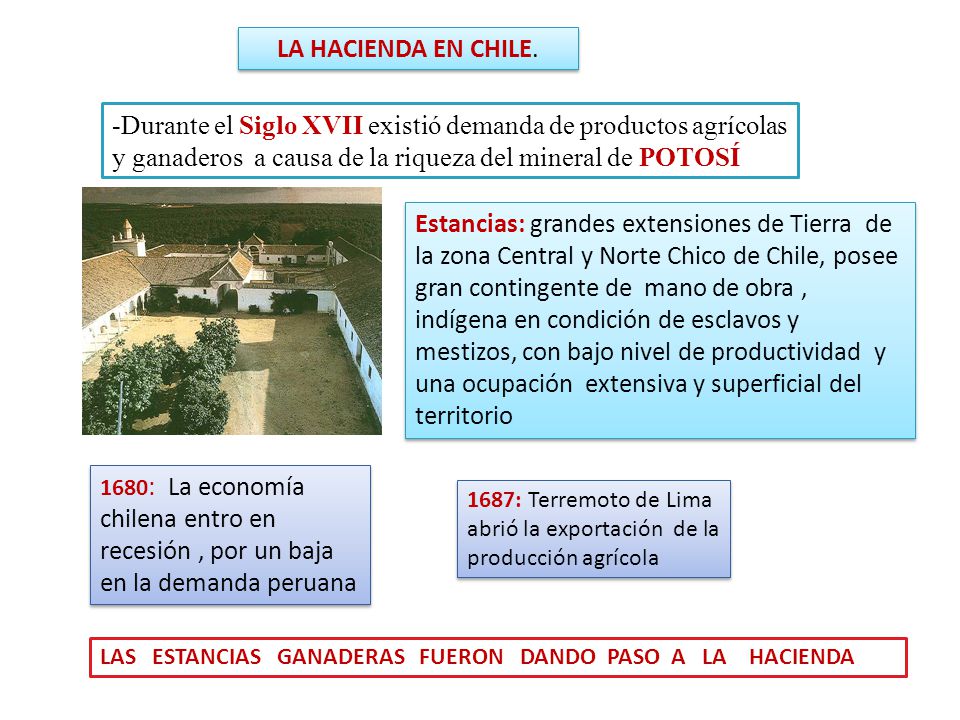 LA HACIENDA EN CHILE. -Durante el Siglo XVII existió demanda de productos agrícolas y ganaderos a causa de la riqueza del mineral de POTOSÍ.