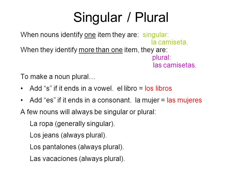 Singular / Plural When nouns identify one item they are: singular: