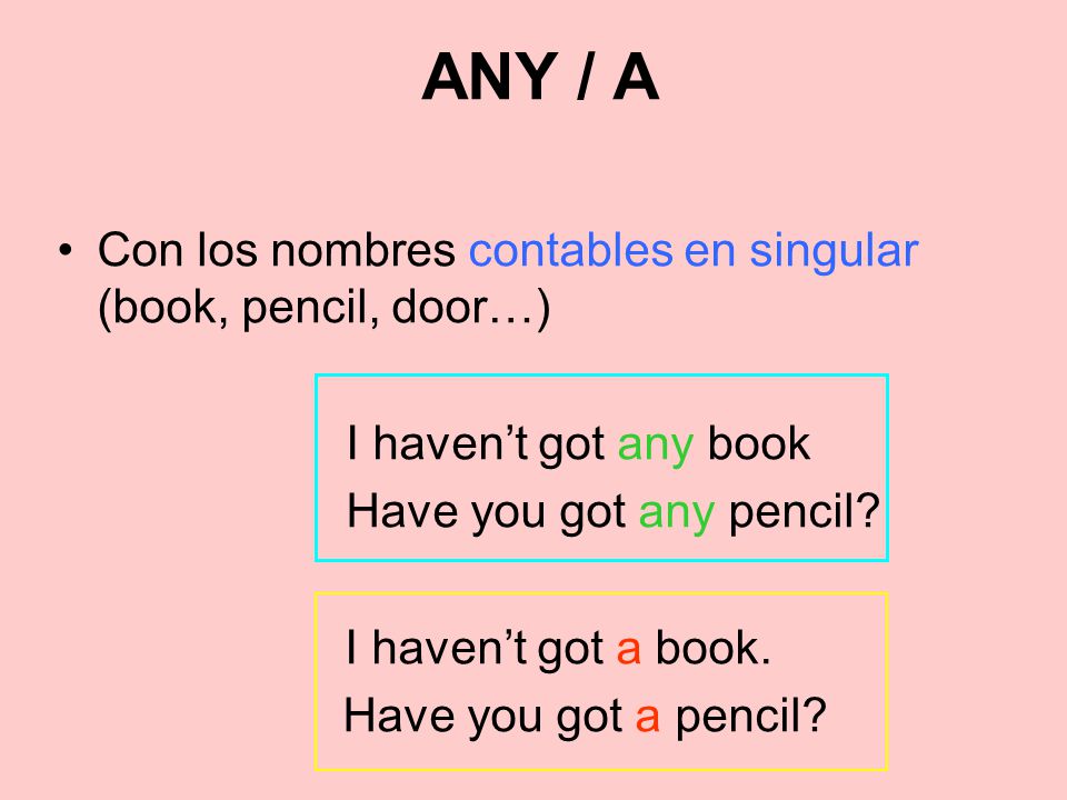 ANY / A Con los nombres contables en singular (book, pencil, door…) I haven’t got any book. Have you got any pencil