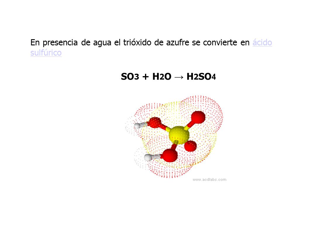 En presencia de agua el trióxido de azufre se convierte en ácido sulfúrico