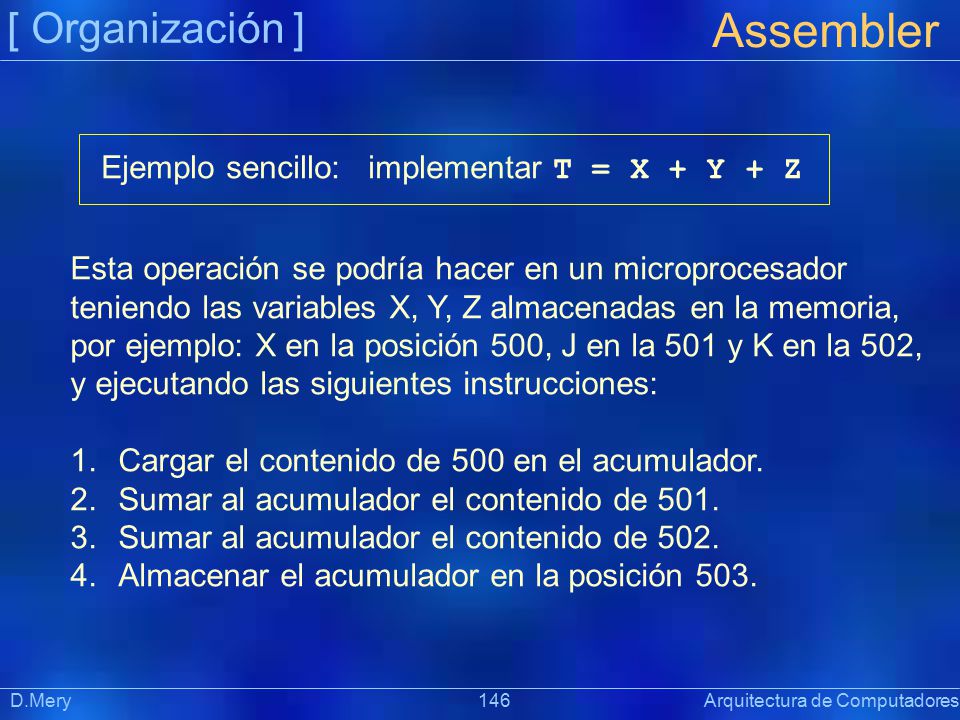 Assembler [ Organización ] Ejemplo sencillo: implementar T = X + Y + Z
