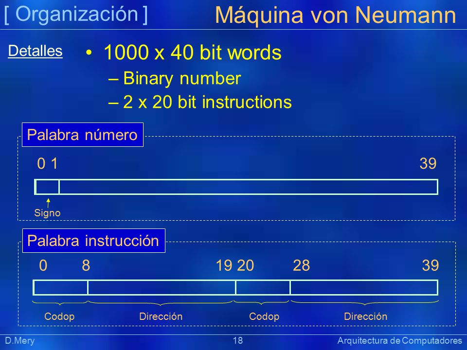 Máquina von Neumann [ Organización ] 1000 x 40 bit words Binary number