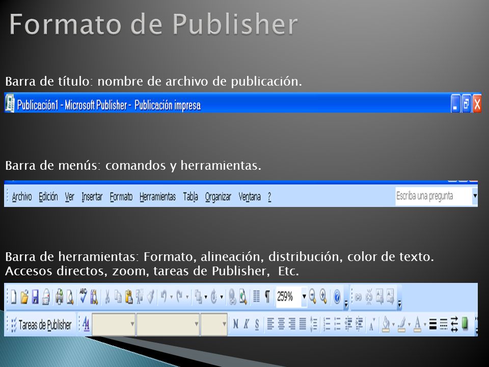 Formato de Publisher Barra de título: nombre de archivo de publicación. Barra de menús: comandos y herramientas.