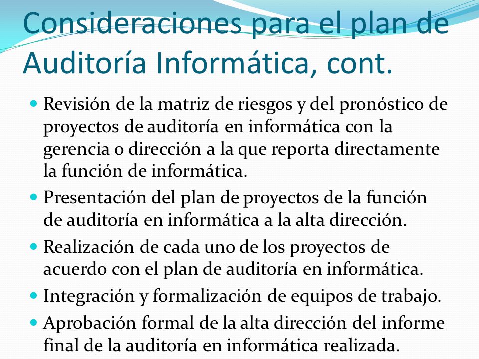 Consideraciones para el plan de Auditoría Informática, cont.