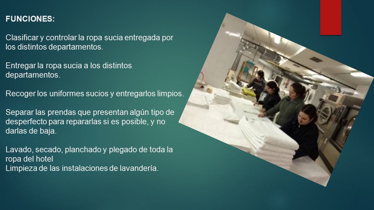 FUNCIONES: Clasificar y controlar la ropa sucia entregada por los distintos departamentos.