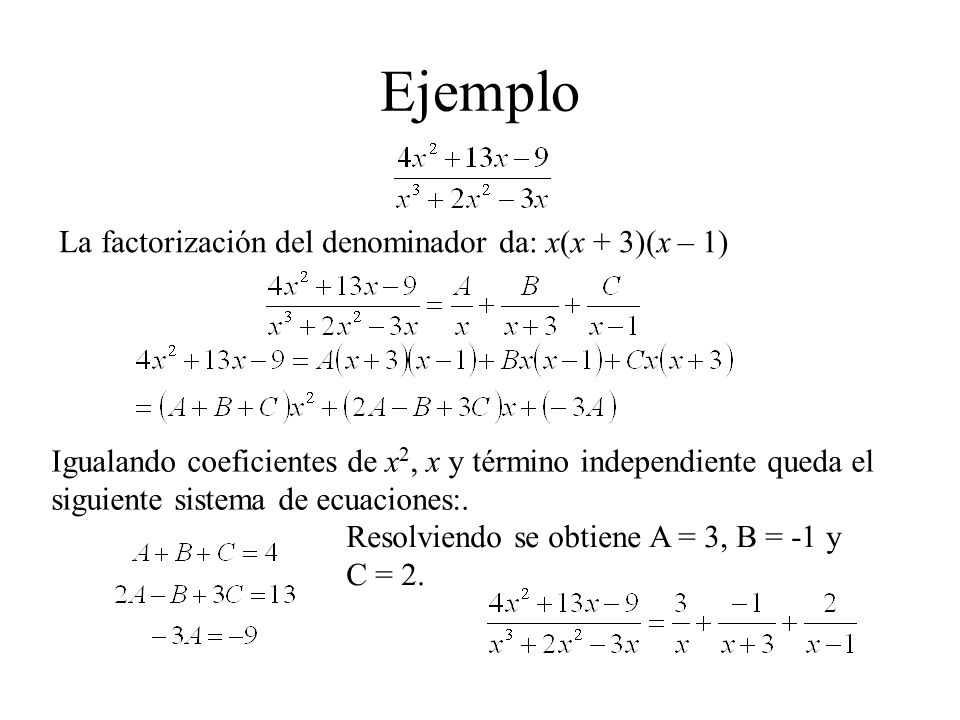 Ejemplo La factorización del denominador da: x(x + 3)(x – 1)