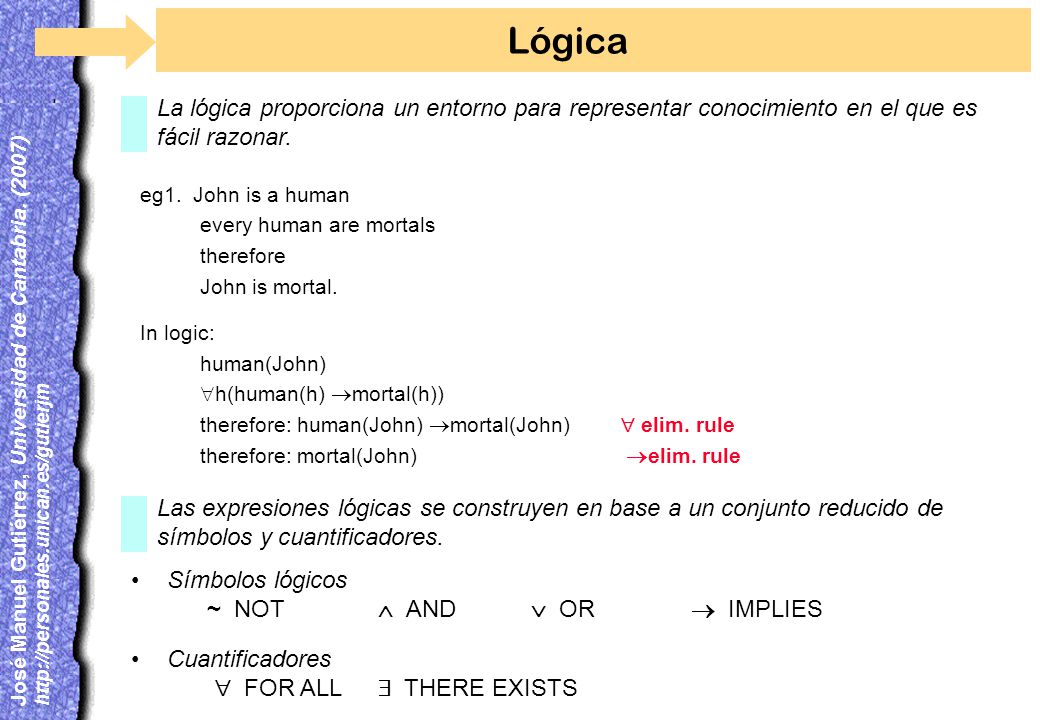Lógica La lógica proporciona un entorno para representar conocimiento en el que es fácil razonar. eg1. John is a human.