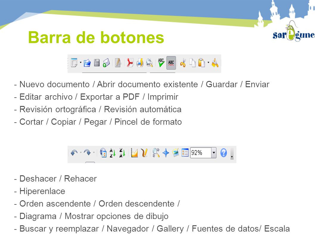 Barra de botones - Nuevo documento / Abrir documento existente / Guardar / Enviar. - Editar archivo / Exportar a PDF / Imprimir.
