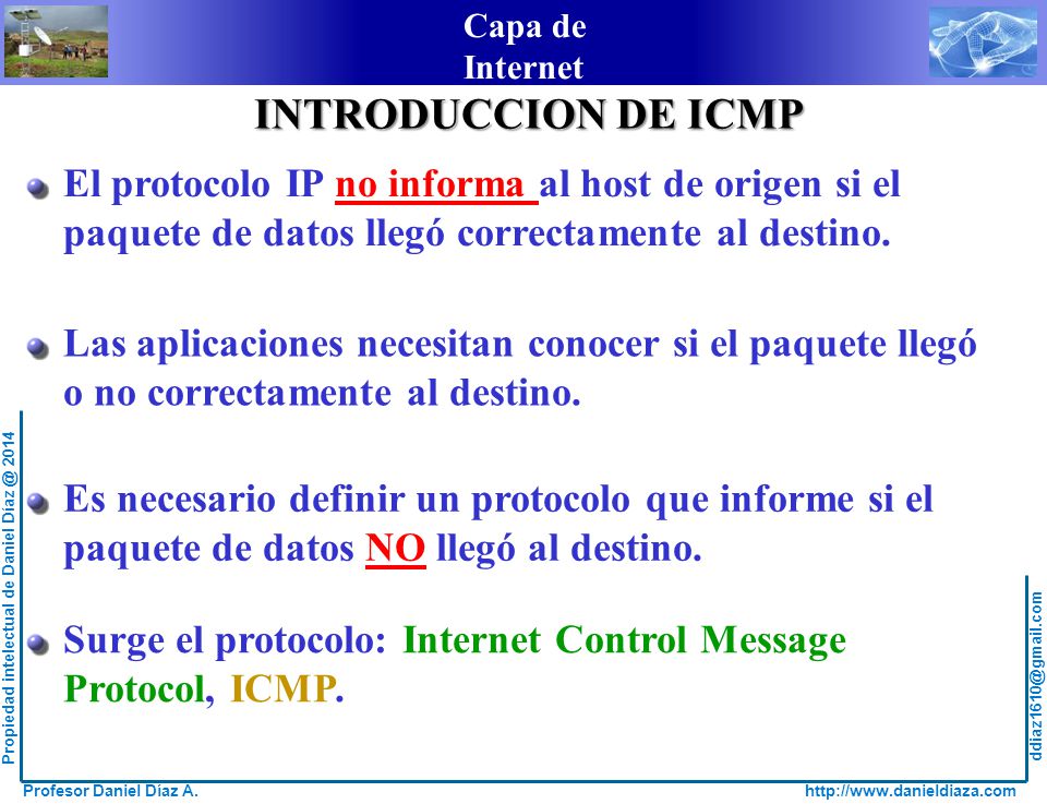 INTRODUCCION DE ICMP El protocolo IP no informa al host de origen si el. paquete de datos llegó correctamente al destino.