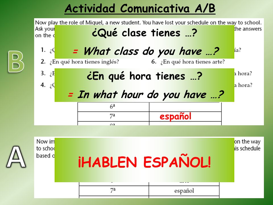 B A ¡HABLEN ESPAÑOL! Actividad Comunicativa A/B ¿Qué clase tienes …