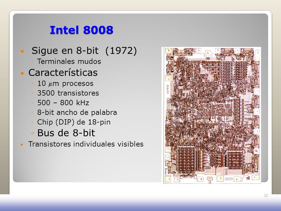 Intel 8008 Sigue en 8-bit (1972) Características Bus de 8-bit