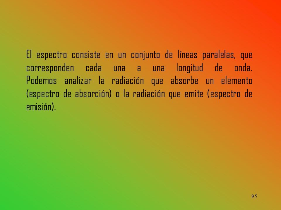 El espectro consiste en un conjunto de líneas paralelas, que corresponden cada una a una longitud de onda.