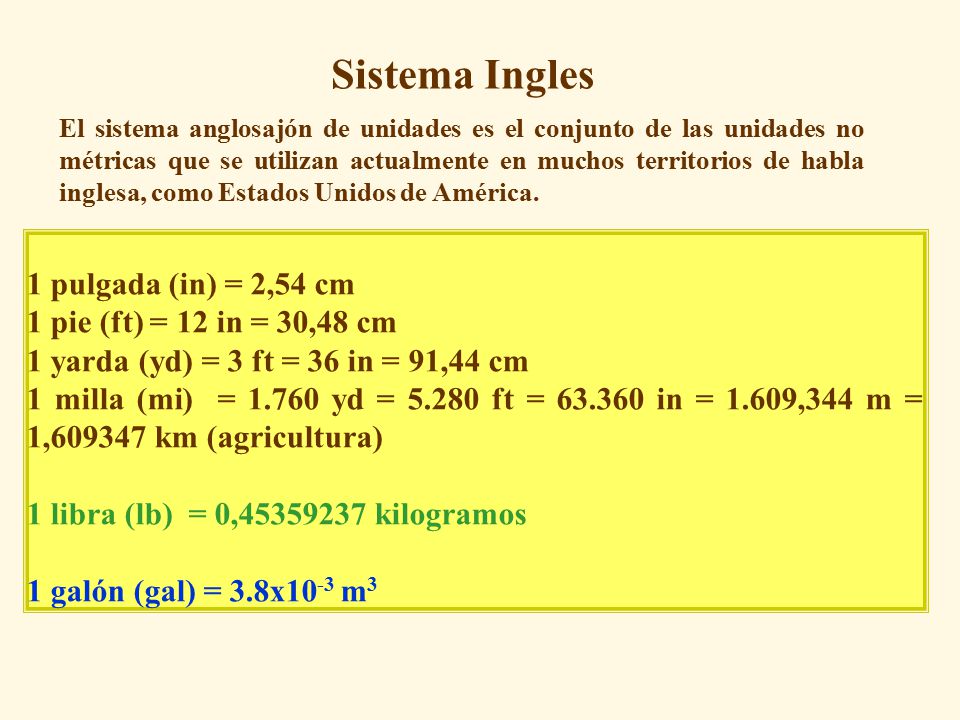 Sistema Ingles 1 pulgada (in) = 2,54 cm 1 pie (ft) = 12 in = 30,48 cm