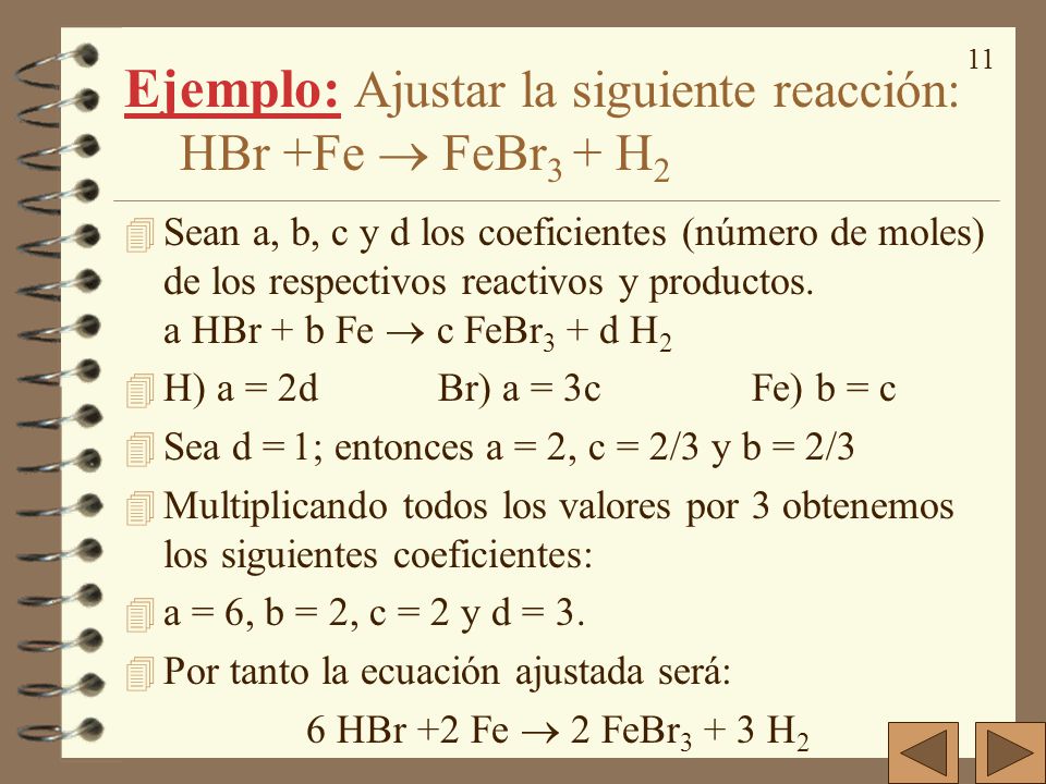 Ejemplo: Ajustar la siguiente reacción: HBr +Fe  FeBr3 + H2